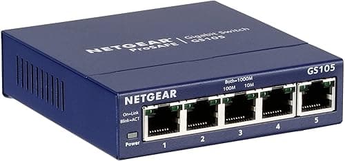 NETGEAR Przełącznik sieciowy GS105GE 5-portowy (gigabitowy Plug-and-Play, LAN, koncentrator Ethernet, metalowa obudowa bez wentylatora, ProSAFE), niebieski