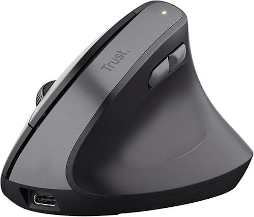 Trust Yuno Ergonomiczna Mysz Bezprzewodowa z Akumulatorem, Myszka Pionowa z Odbiornikiem USB 2.4GHz, Regulowane DPI 800-2400, Sensor Optyczny, 6 Przycisków, 70% Plastiku z Recyklingu - Czarny