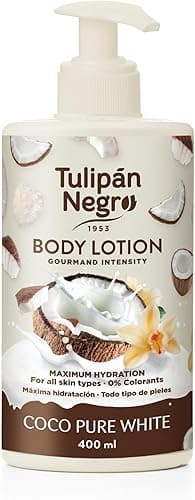 Czarny Tulipan balsam do ciała z dozownikiem Coco Pure White, maksymalne nawilżenie 400 ml, intensywnie pachnący dla wszystkich rodzajów skóry