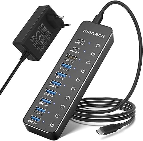 RSHTECH 10-portowy hub USB C/3.2, hub USBC z 3 portami danych 10 Gb/s (2C+1A), 7 x rozdzielacz USB-A 3.0 5 Gb/s i zasilacz 12 V/5 A (60 W), RSH-ST10C