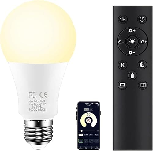 Żarówka LED E27 z pilotem zdalnego sterowania 2,4 GHz, A60 9 W, inteligentna lampa łazienkowa, odprężająca atmosfera, odpowiednik 60 W, 800 lm, 3000-6500 K, 1 żarówka + 1 pilot zdalnego