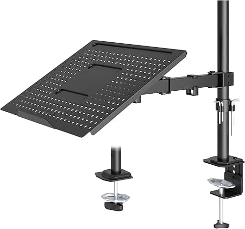 REDBAT Ergonomiczny Uchwyt na Laptopa do 16″ z Regulacją Wysokości i Półką na Monitor 13-32″ - Stojak na Biurko z 2 Opcjami Montażu, VESA 75x75/100x100mm, Do 8 kg