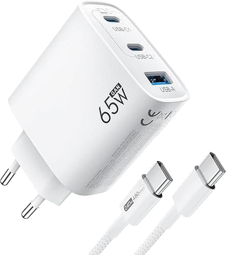 Ładowarka USB C 65 W, 3-portowy, USB-C zasilacz sieciowy, wtyczka PPS 60 W, szybka ładowarka PD, kompatybilna z iPhone 17/16/15 iPad, Samsung S25/S24/S23 Ultra, Google Pixel 9/8, MacBook Pro/Air, itp.