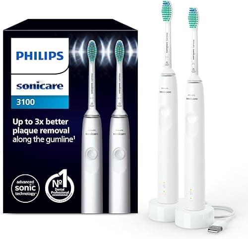 Philips Sonicare 3100, elektryczna soniczna szczoteczka do zębów z czujnikiem siły nacisku i zegarem programowanym, kolor biały, dwie sztuki, model HX3675/13