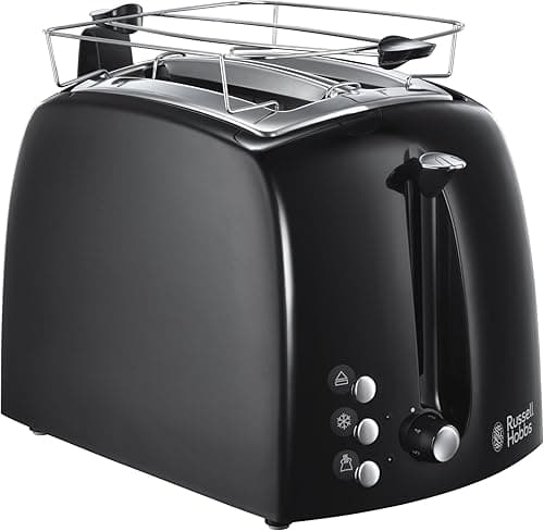 Russell Hobbs toster, regulacja pieczenia, szerokie otwory, funkcja rozmrażania, funkcja podnoszenia tostów, tacka na okruchy i ruszt na bułki, szczypce w zestawie, czarny, moc 850W, Textures 22601-56