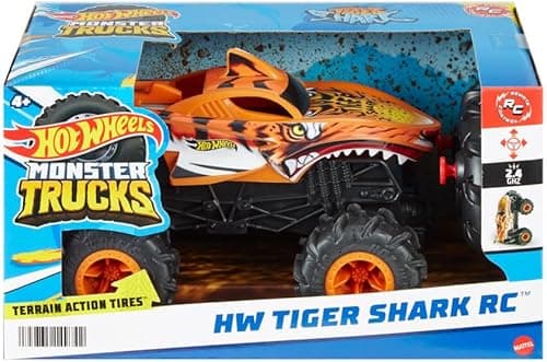 Hot Wheels Monster Trucks R/C Tiger Shark Pojazd zdalnie sterowany 1:24, jazda na każdej powierzchni dzięki oponom Terrain Action, HNV03