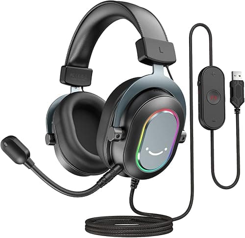 FIFINE Zestaw słuchawkowy gamingowy z mikrofonem, słuchawki nauszne z kablem, zestaw słuchawkowy USB do PC PS4 PS5, słuchawki RGB z 3 trybami EQ, dźwięk przestrzenny i nauszniki
