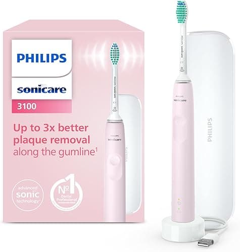 Philips Sonicare 3100, elektryczna soniczna szczoteczka do zębów z czujnikiem siły nacisku i zegarem programowanym, etui podróżne, kolor pudrowy róż, model HX3673/11