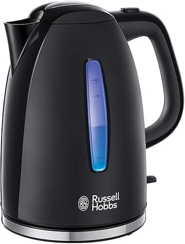 Russell Hobbs czajnik elektryczny, moc 2400W, 1.7L, strefy szybkiego gotowania, filtr antywapienny, kontroler strix, niebieskie podświetlenie, obrotowa podstawka, czarny mat, Textures Plus 22591-70
