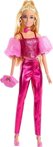 Barbie Deluxe Style Lalka modowa #5 blondynka w metalicznym różowym gorsecie oraz spodniach i z akcesoriami, w tym różanym naszyjnikiem i torebką, zabawka dla dzieci, JFP40
