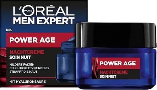 L'Oréal Men Expert Krem na noc przeciw zmarszczkom dla mężczyzn, krem nawilżający do twarzy przeciw zmęczonej i matowej skórze, krem do twarzy dla mężczyzn z kwasem hialuronowym, Power Age, 1 x 50 ml