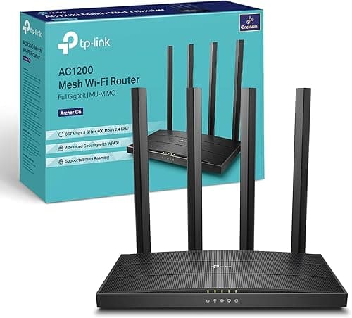 TP-Link Archer C6 Router WiFi, dwuzakresowy AC1200 Mb/s, 5 portów Gigabit, 867Mb/s do 5 GHz i 400 Mb/s przy 2,4 GHz, tryb punktu dostępu, zaawansowane bezpieczeństwo z WPA3, MU-MIMO, EasyMesh, IPv6,