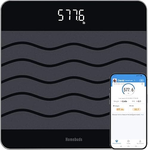 Homebuds 300kg Waga Cyfrowa, Precyzja 0,05kg Przez Nasza Profesjonalna Fabryka Od 2001, Waga Łazienkowa i Wskaźnik BMI za Pośrednictwem Smart APP, 8mm Szkło Hartowane 315 * 315mm, LED, Czarny