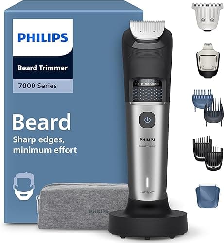 Trymer do brody Philips z serii 7000 – samoostrzące się metalowe ostrza, 40 ustawień, technologia BeardSense, zbiornik na włosy, 100% wodoodporności, szeroki trymer, model BT7670/15