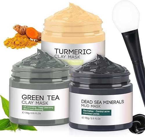 Maseczka na twarz, 3-SET maseczek: maska z kurkumą i glinką, maska z Morza Martwego, maseczka na twarz z zieloną herbatą, zestaw gliniastych masek na twarz do głębokiego oczyszczania, kontroli oleju i