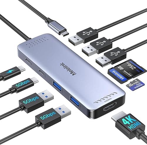Koncentrator USB-C Adapter wieloportowy, Melelink 10-w-1 koncentrator USBC z HDMI 4K@60Hz, stacja dokująca USB C z 6 portami danych USB, 100W PD, SD/TF, aluminiowy rozdzielacz USB dongle