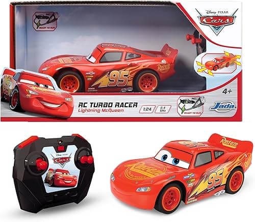 Jada Toys Disney Auta Cars Zygzak McQueen samochód zdalnie sterowany z funkcją turbo, Oficjalny licencjonowany pojazd i 2-kanałowy pilot, funkcja ładowania USB, skala 1:24, 17 cm, dla dzieci od 3 lat