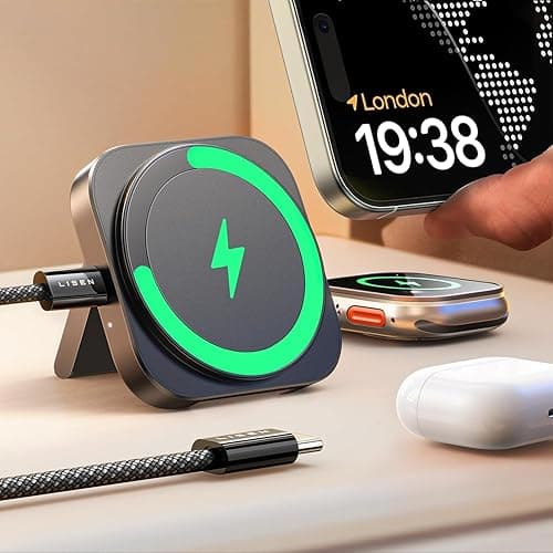 LISEN Stacja ładująca do Apple Watch i iPhone [Super Przenośna] MagSafe Stacja Ładowania, 2026 Podróżna Bezprzewodowa Ładowarka do iPhone 17 16 15 14 13 12 Pro Max