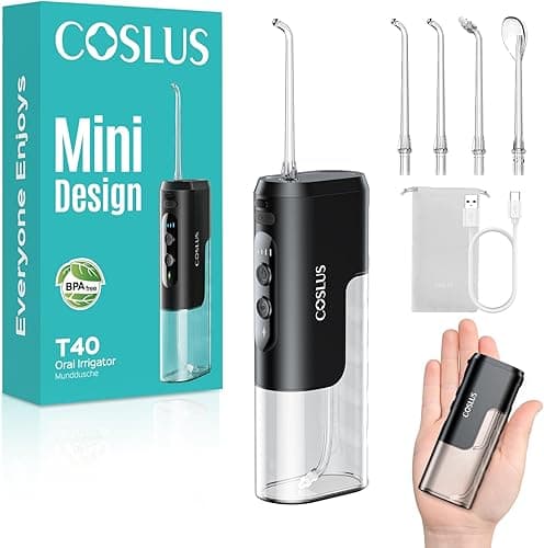 COSLUS T40 Przenośna irygator stomatologiczny Mini Usta: Kompaktowa i bezprzewodowa konstrukcja, 4 tryby, wyjmowany zbiornik, IPX7 Wodoodporny do Ortodoncji, Wrażliwe Zęby, Użycie w Ruchu, Błyszcząca
