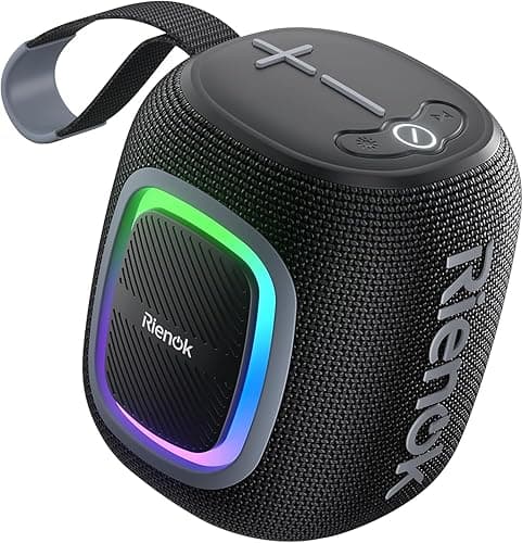 RIENOK Głośnik Bluetooth Bezprzewodowy Kompaktowy Wodoodporny Mini Głośnik z Oświetleniem Radio FM 15 Godzin Odtwarzania Bluetooth 5.3 Karta TF Odtwarzanie USB Czarny