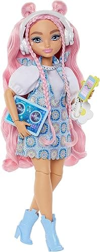 Barbie Lalka Dream Besties i akcesoria, ruchoma lalka Daisy Jean z wyjmowanymi modami i falującymi różowymi włosami, 9 utworów o tematyce DJ-skiej i muzycznej, JDD74