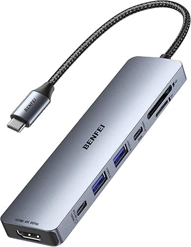 BENFEI Hub USB C 7w1 z HDMI (4K@60Hz), 2 USB-A, 1 USB-C do transmisji danych, ładowanie 100W, czytnik kart SD/TF, silikonowy kabel nieplączący się kompatybilny z MacBookiem Pro/Air, iPadem Pro, iMacem