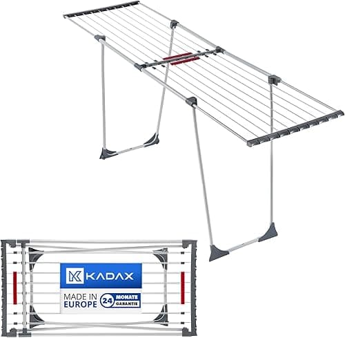 KADAX Suszarka na pranie teleskopowa 20 m powierzchni suszenia do pościeli ma stabilną stalową konstrukcję i oszczędza miejsce po złożeniu