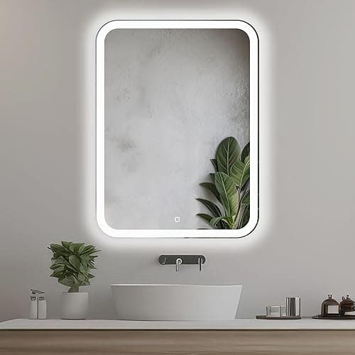 60x80 cm Prostokątne lustro łazienkowe z oświetleniem LED, Podświetlone lustro z włącznikiem, Zaokrąglone prostokątne lustro łazienkowe z naturalnym białym światłem, Podświetlane z przodu