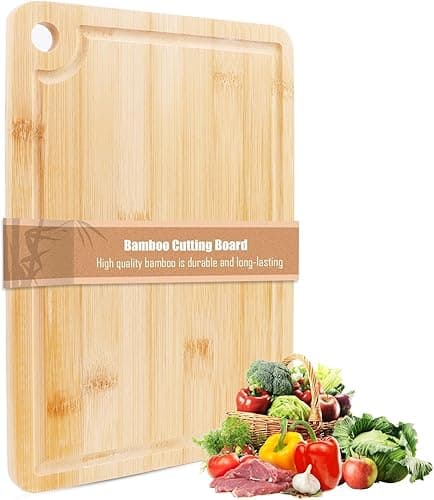 AKONE Deska do krojenia, bambusowa deska do krojenia, drewniana deska kuchenna, deska do krojenia z otworem do zawieszania, bambusowa deska do wędlin, owoców, warzyw i sera, trwała, lekka, nadaje się