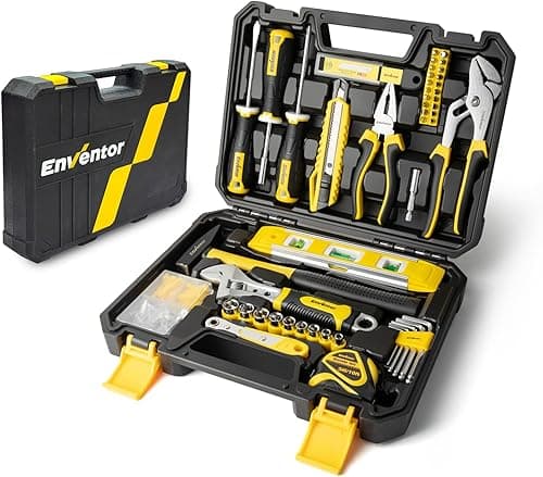 ENVENTOR Walizka na narzędzia, 108-elementów zestaw narzędzi domowych, wypełniony, skrzynka narzędziowa z zestawem śrubokrętów, młotkiem, szczypcami i zestawem kluczy nasadowych z grzechotką, żółta