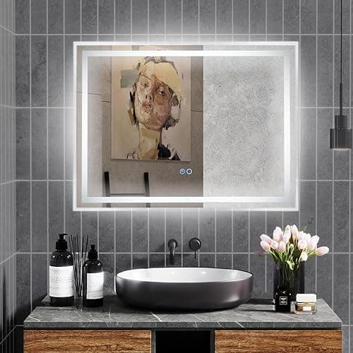 COSTWAY Lustro łazienkowe LED z oświetleniem, 80 x 60 cm lustro łazienkowe antyparowe, lustro ścienne z możliwością ściemniania z przełącznikiem dotykowym i funkcją pamięci, lustro LED lustro wiszące