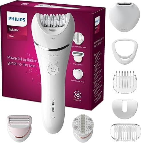Philips Depilator z serii 8000, bezprzewodowy depilator na mokro i na sucho do nóg i ciała, z 8 akcesoriami, golarką, trymerem i szczoteczką złuszczającą, model BRE735/00