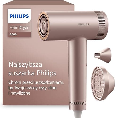Philips Suszarka z serii 8000: ThermoShield Advanced i bezszczotkowy silnik DC zapewniają szybkie suszenie i optymalną pielęgnację, 1400 W, kolor Rose Champagne, nasadka i dyfuzor, model BHD837/10