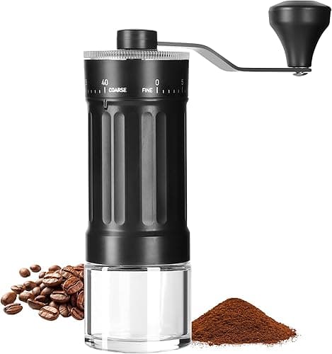 Młynek do kawy, ręcznie regulowany, z precyzyjną 40-stopniową regulacją, stożkowy mechanizm mielący z ceramiki, korpus młynka do kawy ABS