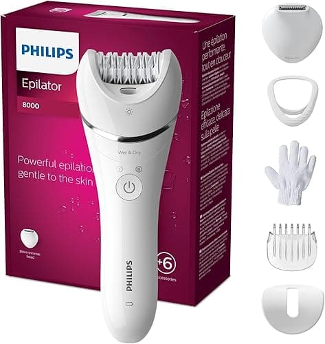 Philips Depilator z serii 8000, bezprzewodowy depilator na mokro i na sucho do nóg i ciała, z 6 akcesoriami, trymerem i szczoteczką złuszczającą, model BRE715/00