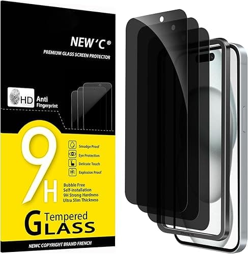 NEW'C 3 Sztuki, Prywatność Ochraniacz Ekranu dla iPhone 16, iPhone 15 (6,1 cala), Antyszpieg Folia ochronna ze szkła hartowanego odporność na zarysowania - Zawiera narzędzie ułatwiające montaż