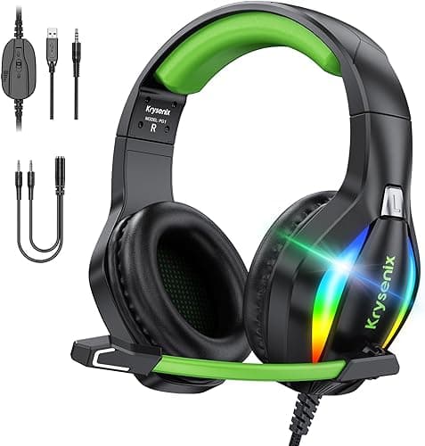Krysenix PG1 RGB zestaw słuchawkowy gamingowy do PS4, PS5, PC, Nintendo Switch, Xbox, zestaw słuchawkowy z LED i słuchawki gamingowe z mikrofonem, słuchawki z redukcją szumów z gniazdem 3,5 mm