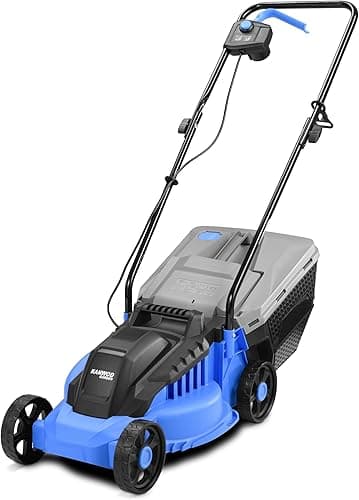 Elektryczna kosiarka do trawy Kanwod 1200 W, szerokość cięcia 34 cm, kosz 30 litrów, wysokość cięcia regulowana na 3 poziomach od 30 do 70 cm, 3400 obr/min