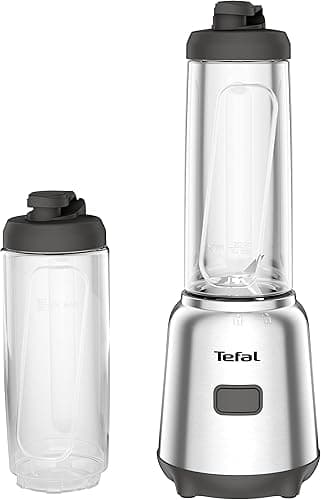 Tefal Mix & Move Mini Blender Kielichowy BL15FD, moc 300 W, 2 butelki To-Go, kompaktowa konstrukcja, łatwy do czyszczenia, zdejmowane ostrza, obsługa jednym przyciskiem, srebrny/czarny