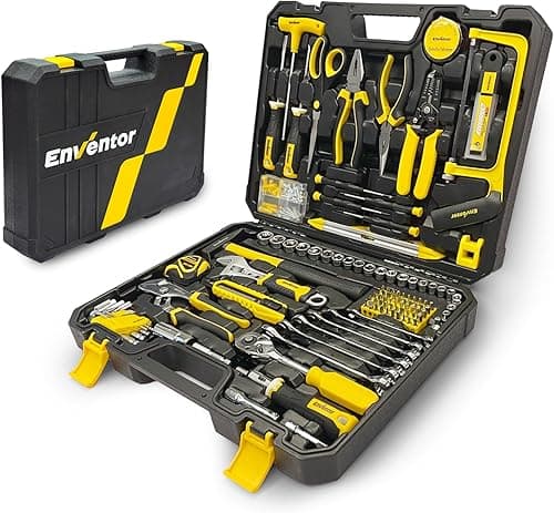 Enventor walizka na narzędzia, 222-częściowy zestaw narzędzi gospodarstwa domowego, wypełniona skrzynka narzędziowa z śrubokrętami, młotkiem, szczypcami i grzechotką, zestaw kluczy nasadowych