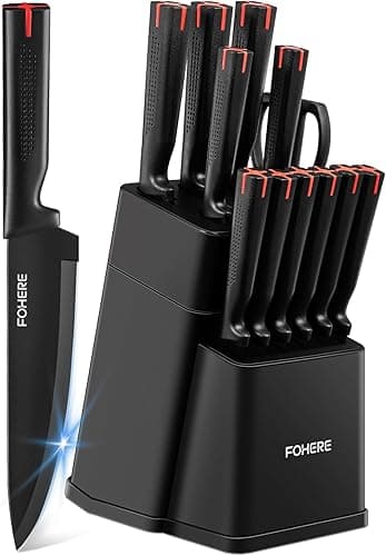 FOHERE 13-częściowy zestaw noży z ostrzałką do noży ze stali nierdzewnej, z blokiem na noże i uchwytem z tworzywa sztucznego, czarny