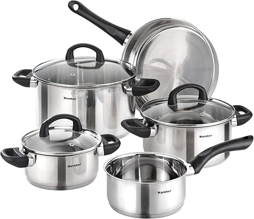 Karcher Mia Zestaw Naczyń Kuchennych Z Patelnią, Stal Nierdzewna, Srebrne, 5-Częściowy 3 Szklane Pokrywki