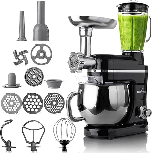 Lehmann Uniwersalny robot kuchenny 3 w 1, mikser z planetarnym systemem mieszania, wielofunkcyjny robot kuchenny z maszynką do mięsa, w zestawie wyciskarka do soków 1,5 l i miska ze stali nierdzewnej