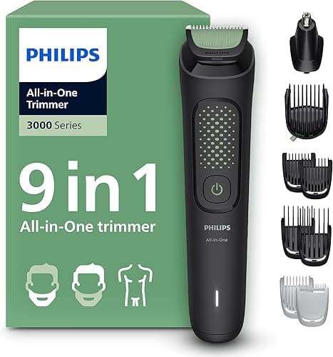 Philips Multigroom All-in-One z serii 3000: 9-elementowy trymer do twarzy, głowy i ciała, samoostrzące się, przyjazne dla skóry ostrza, 12 ustawień długości, model MG3946/15