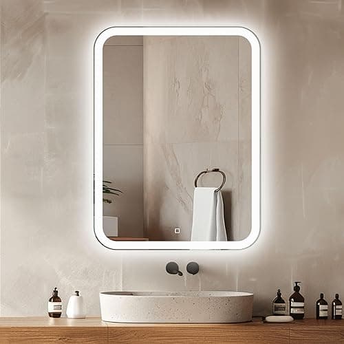 Venti Prostokątne Lustro Łazienkowe LED 60x80cm, Lustro ścienne z oświetleniem LED, Naturalne Białe Światło, Zaokrąglone rogi, Podświetlane z przodu