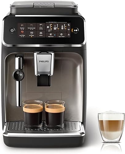 Philips Ekspres do kawy z serii 3300, 5 napojów, Intuicyjny wyświetlacz dotykowy, klasyczny spieniacz do mleka, Technologia SilentBrew,100% ceramiczny młynek, filtr AquaClean, Czarny chrom (EP3326/90)