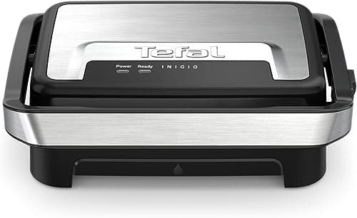 TEFAL GC270D10 Opiekacz do panini i grill Inicio Compact, 2w1, porcja dla 2 osób, szybkie nagrzewanie, 1000 W, nieprzywierające płyty, wyjmowana tacka ociekowa, pionowe przechowywanie, srebrno-czarny