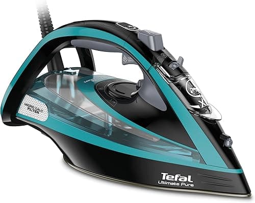 TEFAL FV9844 Ultimate Pure Żelazko, filtr mikro-kalc, uderzenie pary do 250 g/min, stopa Durilium AirGlide Autoclean, 3200W, stały strumień pary 60 g/min, system antywapienny, Czarny/Niebieski, 0,35 l