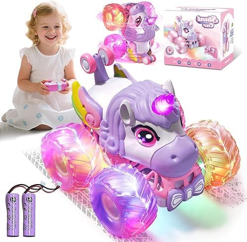 Samochód zdalnie sterowany dla dziewczynek od 3, 4, 5, 6 lat, 1/20 jednorożec Monster Truck zdalnie sterowany z muzyką i światłem, 2.4GHz Monster Truck z obrotem 360°, prezent jednorożec dla