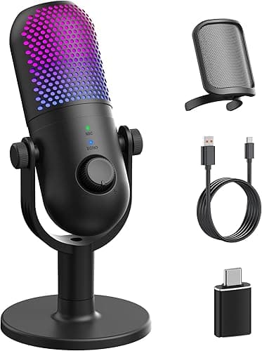 Mikrofon USB do gier komputerowych: mikrofon pojemnościowy RGB z mikrofonem stojącym - mikrofon do nagrywania do komputera i laptopa z szybkim wyciszeniem - mikrofon biurkowy do podcastów, śpiewania i